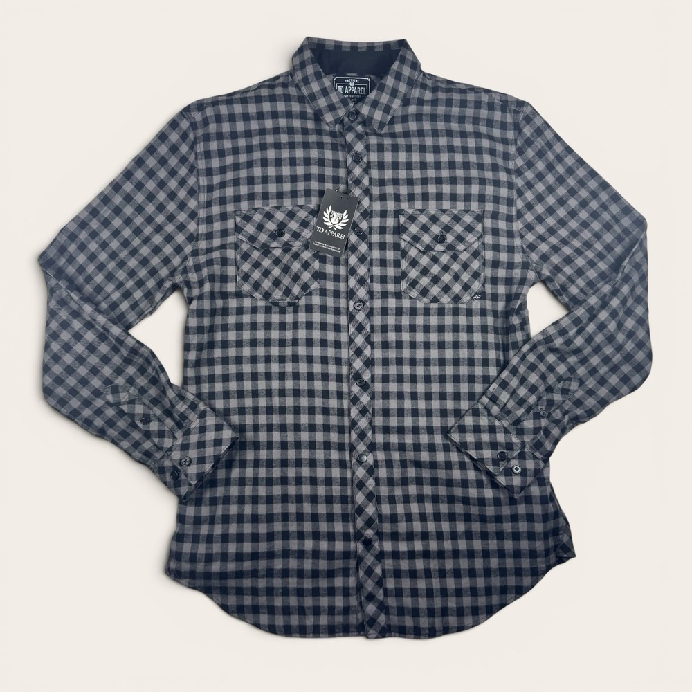NWT TD Apparel Mens XL Grey and Black Plaid Flannel Shirt Long Sleeve Tactical
